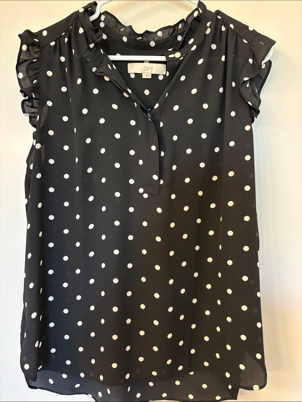 LOFT Black and White Polka Dot Ruffle Sleeve Blouse, Size L